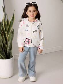 年轻女孩心形和花卉印花长袖拉链休闲连帽夹克 - 彩色 - 查看 5