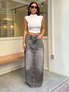 EURMUSE 100% Cotton WOMEN MID WAIST MAXI SKIRT - Light Grey - View 5