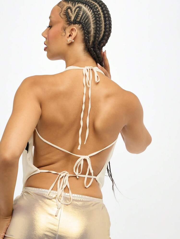 SUMWON WOMEN 스팽글 장식이 있는 드레이프 쉬폰 홀터 탑