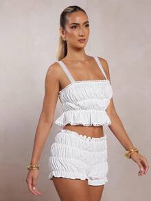 L'Amorae 女式三层网眼上衣，带蕾丝镶嵌细节 - 白色 - 查看 4