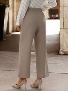 SHEIN Clasi Women's Lace Textured Straight Leg Pants, Faux Linen Deep Khaki Color, Elegant For Daily Wear And Commuting, Autumn/Winter - Khaki - View 2