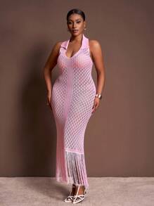 Slaydiva Đầm len dài không tay màu hồng trơn lãng mạn, cổ yếm, vạt tua rua, dành cho nữ, size lớn, mùa đông thu. - Hồng - Xem 4