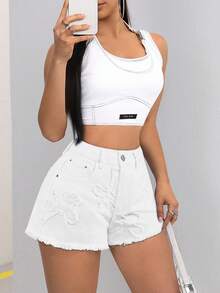 SHEIN ICON 女式休闲浅色磨边牛仔短裤 - 白色 - 查看 7