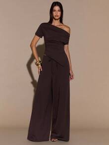 SHEIN BAE Autumn/Winter Solid Brown Sexy Asymmetric Neck Women Short Sleeve Top & Pants 2 Pieces Set Autumn/Winter Thermal Lining Women's Knitted 2 Pieces Set Basic Knit Women's Asymmetric Neck Top - Brown - View 6