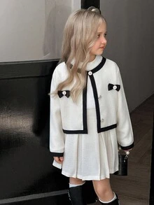 SHEIN Elladie kids 2 件套年轻女孩可爱蝴蝶结装饰黑白短袖夹克和舒适可爱的秋冬裙子套装
