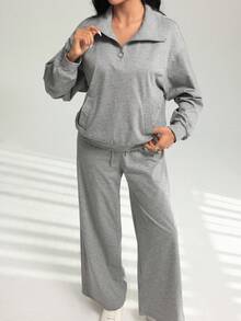Modelyn 2 件套女士秋冬运动半拉链领运动衫和休闲宽松裤套装 - 深灰色 - 查看 5