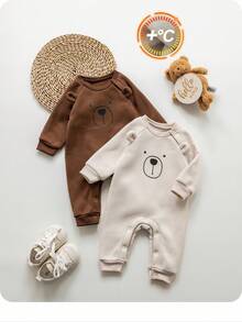 2件套新生儿卡通印花圆领长袖连体衣，摩卡色图案，男女宝宝通用连体衣，中性婴儿服装，男女宝宝小熊连体衣，秋冬季 - 彩色 - 查看 10