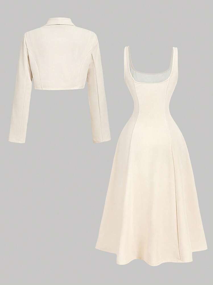 SHEIN MOD بدلة نسائية تتكون من جاكيت وفستان بلون المشمش - لون مشمشي - مشاهدة 2