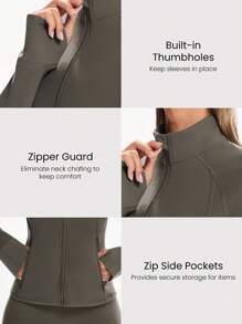 GLOWMODE FeatherFit™ Slim-It Streamline Performance Secure Pockets Zip Up Long Sleeve Jacket Low Impact Yoga Daily  Spring Summer - Brown - View 3