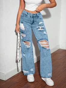 SHEIN Tall Women's Blue Mid-Waist Ripped Fashionable Versatile Straight Loose Fit Jeans - Light Wash - View 5