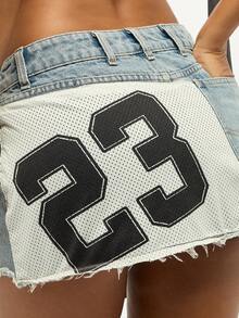 SUMWON WOMEN Custom Denim Mini Skirt With Jersey Number 23 Varsity Style Patch Design Classic Jean Raw Hem Edge Festival Summer Retro Athletic Inspired Fashion - Light Wash - View 5