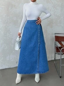 EURMUSE High Waisted Wrap Around Knot Denim Skirt - Blue - View 3