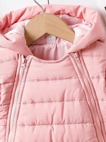 SHEIN 女婴休闲可爱厚款双拉链连帽长裤连体衣，冬季 - 粉色 - 查看 7