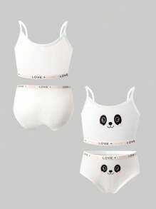 4pcs/Set Girls Young Girl Cute Panda Heart Love Print Ribbon Camisole Top & Soft Sweet Heart Print Briefs Underwear Set - Multicolor - View 3