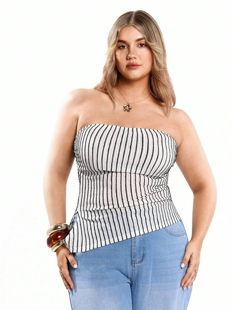 Solavibe Plus Size Women's Striped Print Crop Bandeau Top With Slit Hem, For Summer - View 1