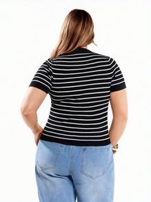 Solavibe 女式条纹翻领短袖前结短款开衫 - 黑與白 - 查看 5