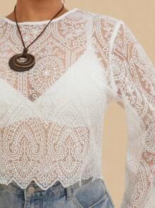 SHEIN VCAY Plus Size White Summer Boho Tea Party Mesh Embroidered Round Neck Long Sleeve Cropped Women Top Lace Blouse Sheer Civil Wedding Vacay Tops - White - View 1