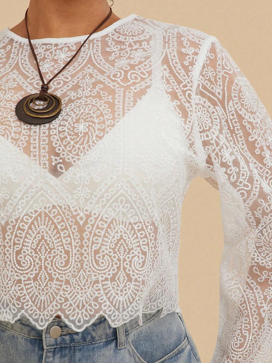 SHEIN VCAY Plus Size White Summer Boho Tea Party Mesh Embroidered Round Neck Long Sleeve Cropped Women Top Lace Blouse Sheer Civil Wedding Vacay Tops - White - View 1