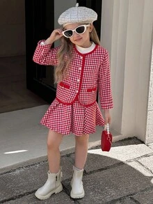 SHEIN Elladie kids 少女红白格子可爱长袖外套搭配裙子套装，适合秋冬 - 紅色 - 查看 1