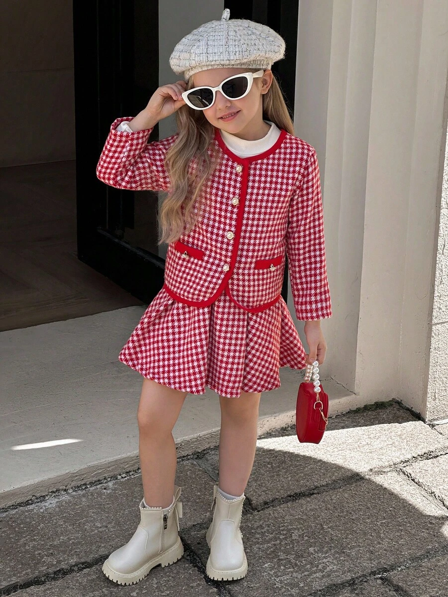 SHEIN Elladie kids 少女红白格子可爱长袖外套搭配裙子套装，适合秋冬 - 紅色 - 查看 1