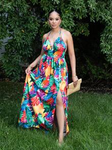 Melissa Matos Women Casual Holiday Deep V Neck Backless Ruched Split Thigh Maxi Dress With Botanical Print - Multicolor - View 3