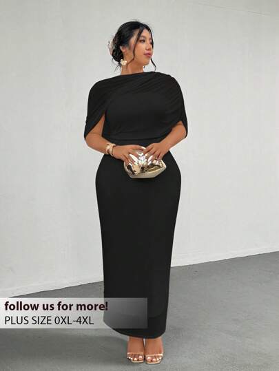 Firerie Plus Size Elegant Romantic Ruched Asymmetric Waist Fitted Mesh Dress, Comfortable Casual New Style For Spring/Fall,Homecoming Dress,Wedding Guest Dress Women