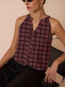 Shutterstock Glamance Lässige, locker sitzende Bluse mit Off-Shoulder Ausschnitt für Damen, geeignet für den täglichen Gebrauch, kariertes Damen-Oberteil, bedrucktes Oberteil, ärmelloses Oberteil, V-Ausschnitt-Oberteil