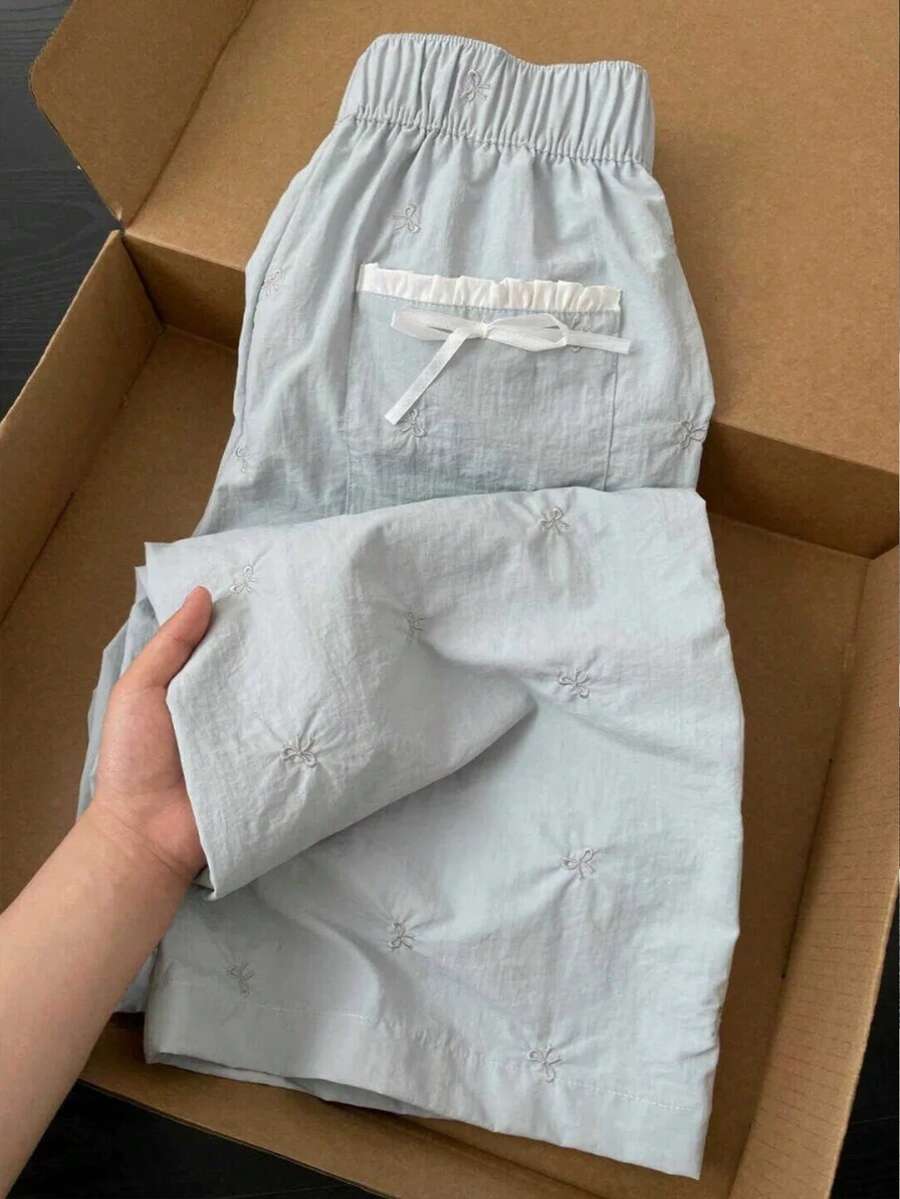 Comfortcana New Navy Blue Bow Embroidered Woven Trousers Back To School Outfits Women - Baby Blue - View 1