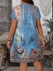 EMERY ROSE 大码女式碎花V领短袖休闲连衣裙 - 水鴨藍 - 查看 2