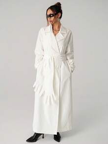 SHEIN ICON 长款前开掌装饰腰带女式风衣白色风衣秋冬女装 - 白色 - 查看 3