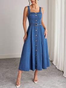 Elenzga 女式无袖单排扣长款牛仔连衣裙 - 中等水洗藍 - 查看 4