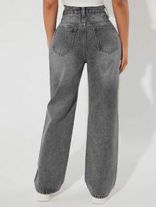 SHEIN PETITE Women's High Waist Pockets Straight Loose Casual Versatile Denim Jeans