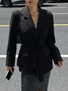 DAZY Women's Elegant Solid Color Waist Belt Blazer, Autumn Business Attire - Black - View 3