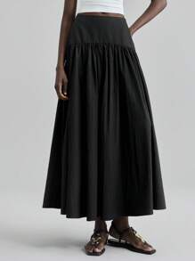 Ontre 2026SS Women's High Waist Pleated Skirt, Soft & Comfortable Fabric, Suitable For Commuting, Office, Daily Wear. Women's Solid Color Elastic Waist Ruched Long Casual Skirt, Business Casual - Black - View 4