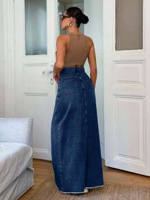 100% Cotton Low Waist Denim Wide Hem Denim Skirt - Dark Wash - View 2