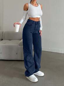 SHEIN Cottnline Snow Wash Straight Leg Jeans High Rise ,Petite Women - Navy Blue - View 6