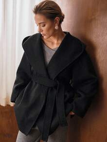 MOTF PREMIUM ÁO KHOÁC CÓ MŨ CÓ THẮT LƯNG LEN - Màu xám đen - Xem 8