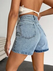 EURMUSE High Waist Rigid Bet Detailed Denim Short - Light Wash - View 2