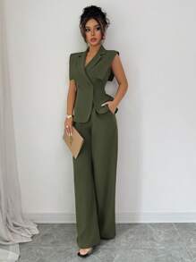 Elenzga 女士优雅休闲套装，包括有领无袖上衣和松紧腰裤，适合工作、度假、下午茶和聚会 - 軍綠色 - 查看 5