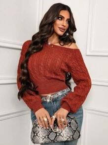 SHEIN LUNE Halloween Sexy Oblique Shoulder Gold Thread Orange Long Sleeve Waist Fitted Knit Sweater, Suitable For Commuting, Autumn/Winter,Maillard Style - Orange - View 8