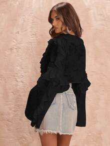 SHEIN BAE 女士白色长袖系带荷叶边透明衬衫，度假衬衫，荷叶边衬衫 - 黑色 - 查看 2