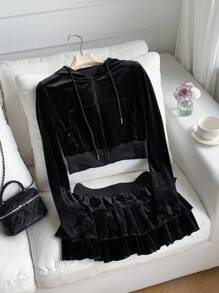 Comfortcana Bộ 2 món áo nỉ trùm đầu tay dài màu trơn có khóa kéo phía trước và chân váy midi dáng bánh thường ngày cho nữ - màu đen - Xem 5