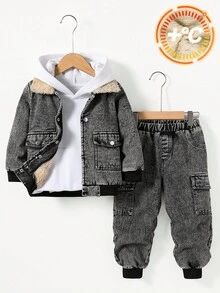 SHEIN 两件套男童做旧加厚抓绒领棒球夹克和休闲工装裤套装，适合居家、外出、街头摄影，休闲韩版风格 - 彩色 - 查看 8