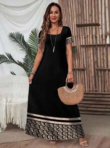 EMERY ROSE 女士几何条纹印花短袖优雅中长连衣裙，适合度假 - 黑色 - 查看 4