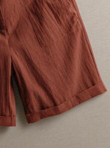 SHEIN JORESS Pantaloncini casual larghi in lino di colore unito con tasche per donna - Colore mogano - Visualizzare 7
