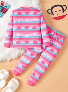 Paul Frank X SHEIN 2pcs/Set Young Girl Cartoon Pattern Crew Neck Long Sleeve Top And Pants Snug Fit Pajamas Set - Multicolor - View 2