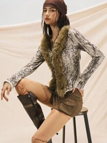 Easelle 女式豹纹流苏前系带长袖休闲夹克 - 卡其色 - 查看 9