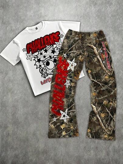 SHEIN Bolty Loose Cartoon Red/White Graffiti Figure & Branch Camouflage Print Knit Short Sleeve T-Shirt And Flare Pants 2 Pieces Set, Suitable For Summer, Kids Camo Outfit Boys Camo Clothes Camo Set Kids Real Tree Boy Clothes Challenge Outfit Kids