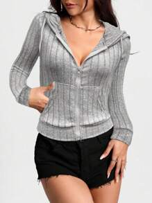 StreetHx Sudadera con capucha de mujer de unicolor, manga larga, con cremallera frontal, bolsillo y cordón, para otoño - Gris Claro - Ver 5