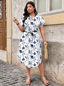 EMERY ROSE 大码女式花卉印花简约休闲度假连衣裙，适合夏季海滩